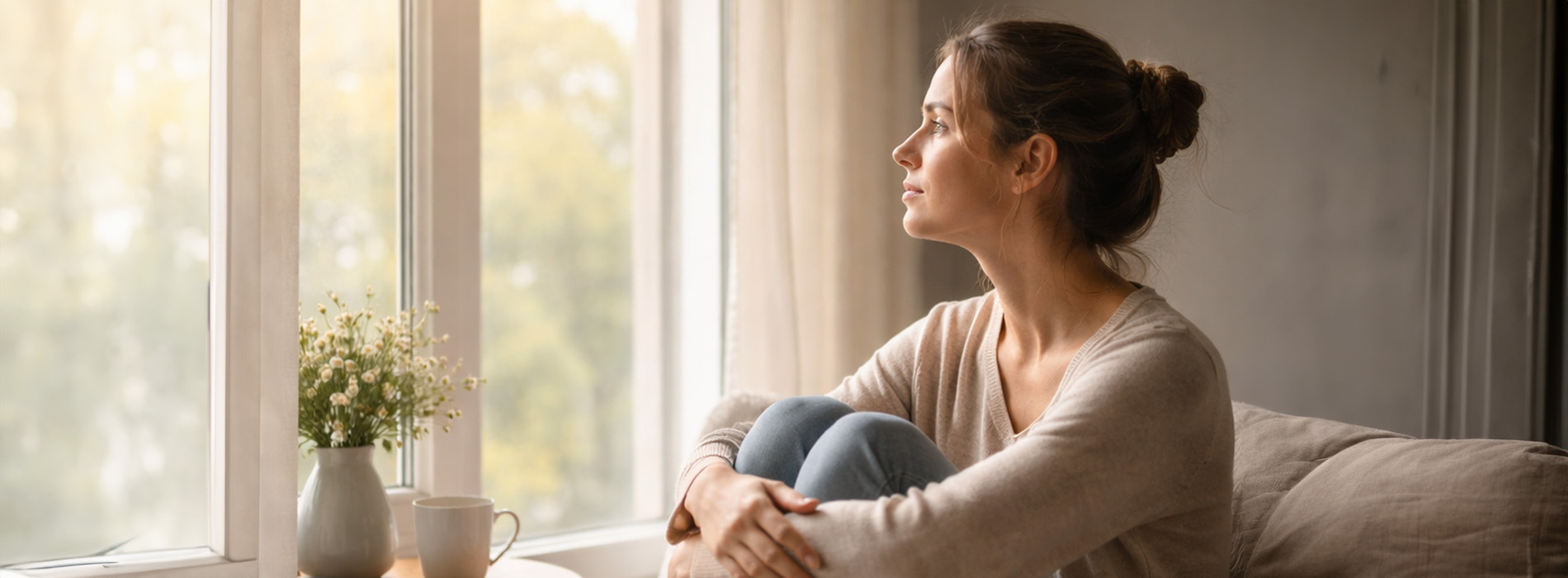 A woman sits by a window with her head resting on her hand, looking out at the day outside.